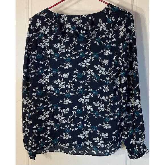 Loft Navy Floral Ruffle Panels on Neck Collar & Cuffs Blouse Petite M - Picture 3 of 7